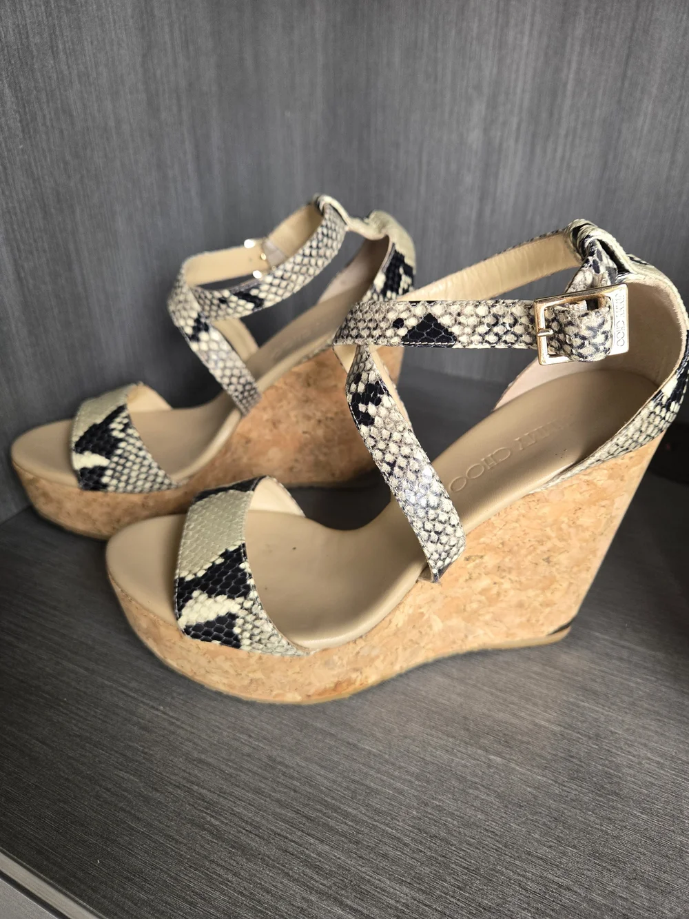 Jimmy Choo Snake-Print Cork Wedge Sandals in Black and Cream - Picture 4 of 5